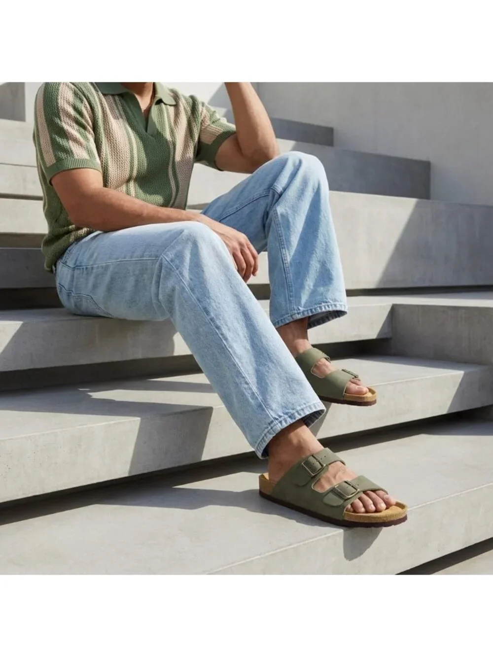 Men's Olive Green Lane Cork Footbed Sandals Adjustable Buckle Comfort Slides